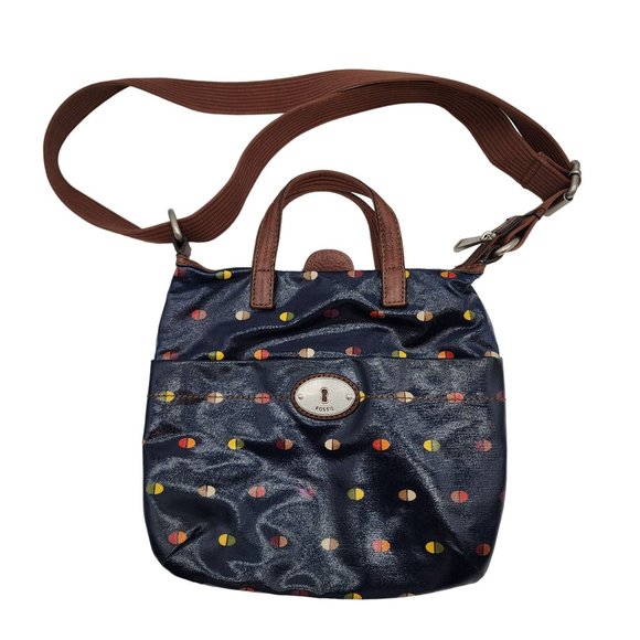 Fossil Key Per Coated Canvas Shoulder Bag Multi Dot Navy - Picture 1 of 7
